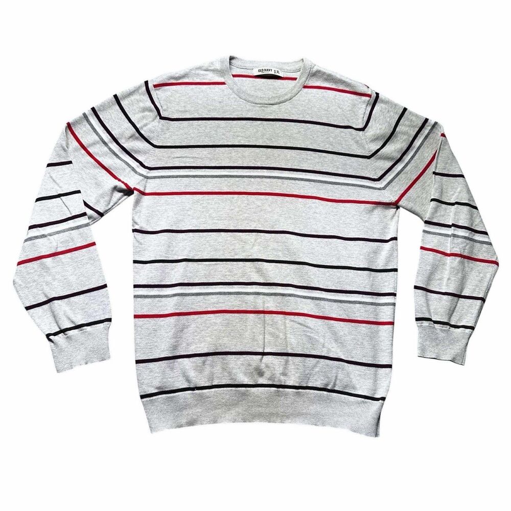 Old Navy Men’s Crewneck Sweater Gray Red Black Striped 100% Cotton Size XL